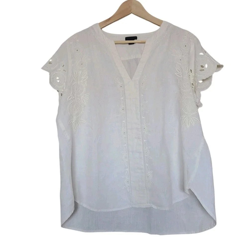 J. Crew 100% Linen Top 16 White Embroidered Short Sleeves V-neck Lightweight‎
